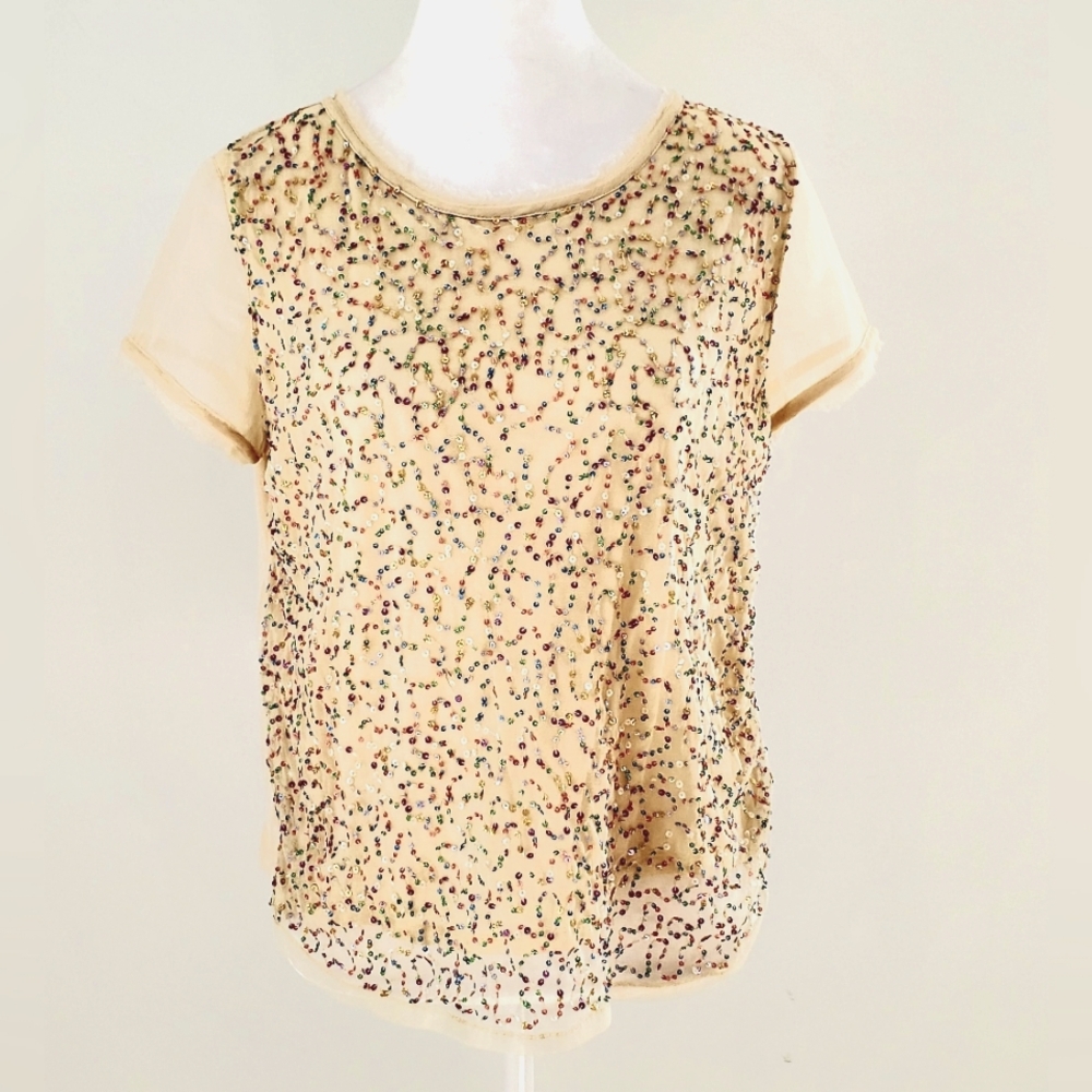 H&M Sequined Embellished Cream Top Short Sheer Sleeves Jersey Back Mesh Overlay